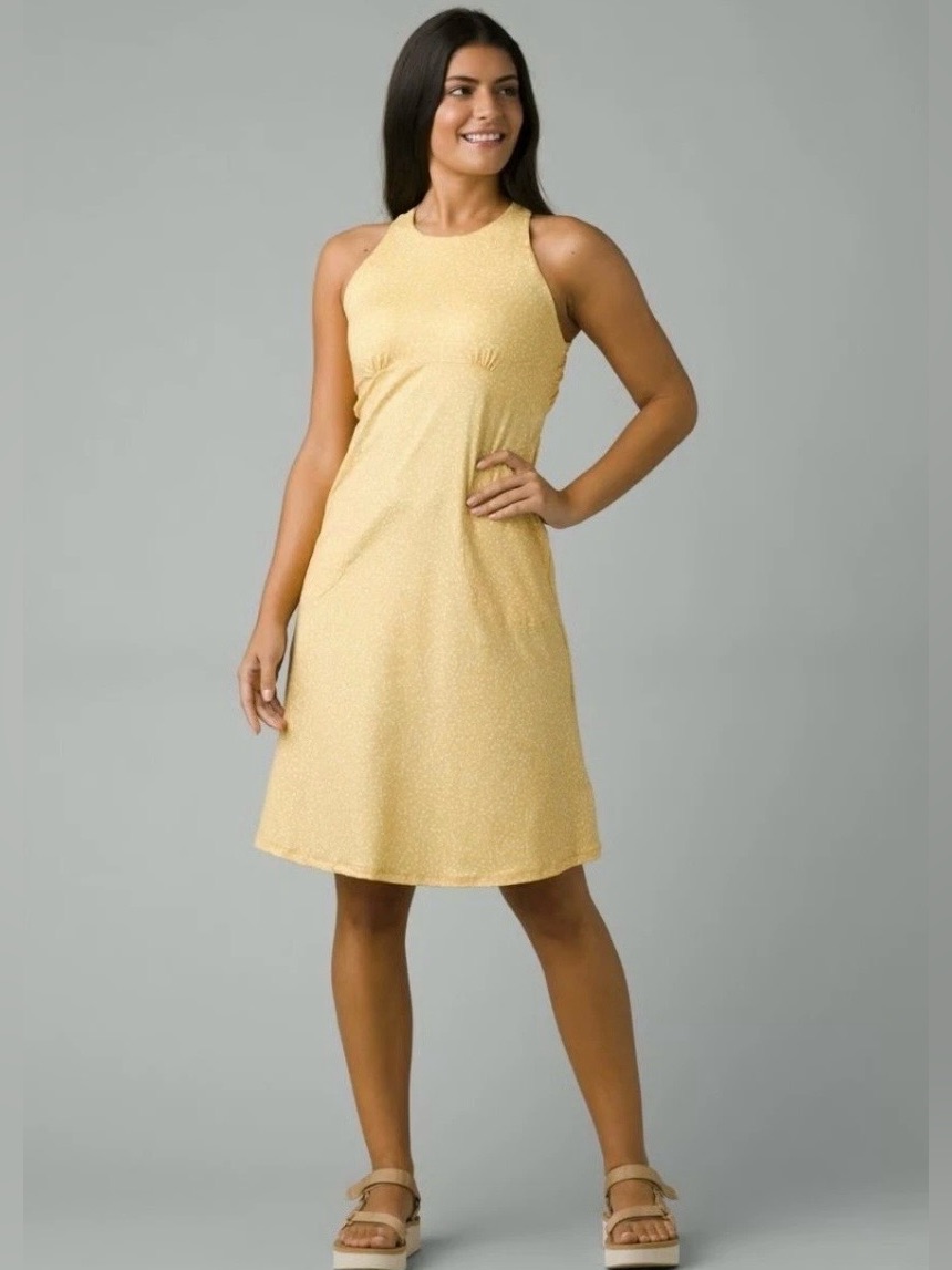 Prana Jewel Lake Active Dress Small Yellow White Dot Open Back High Neck 1968621